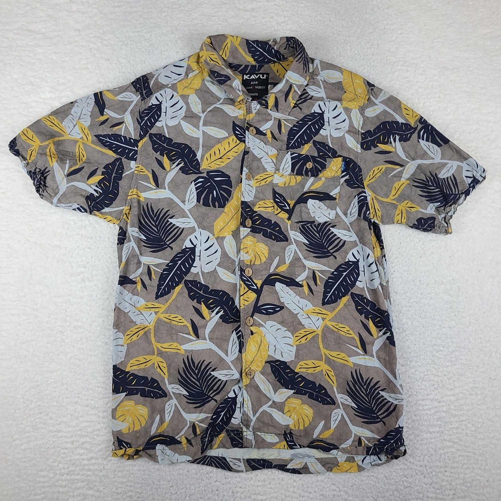 KAVU Shirt Mens Medium Blue Brown Yellow Preppy Hawaiian Button Up Short Sleeve